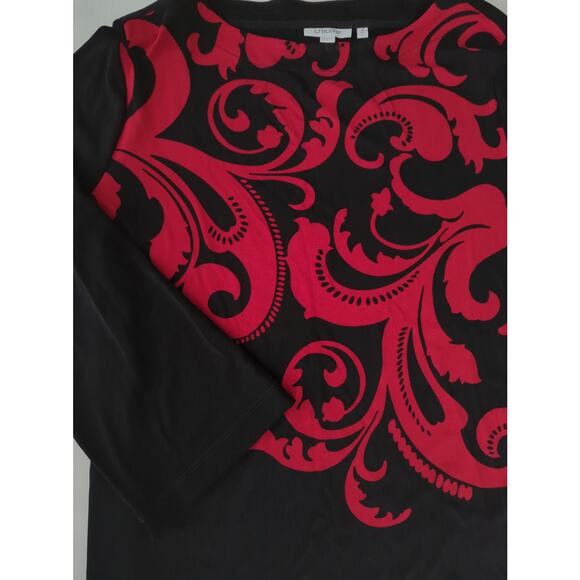 Chico's Black Red Scroll Print 3/4 Sleeve Tunic Top Women Size L (Chico's Sze 2) - Picture 4 of 6